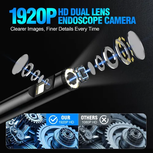 Vista 2 de Cámara endoscopio de doble lente con luz, boroscopio HD 1920P con 8 LED ajustables, cable de serpiente semirrígido de 16.4 pies, cámara
