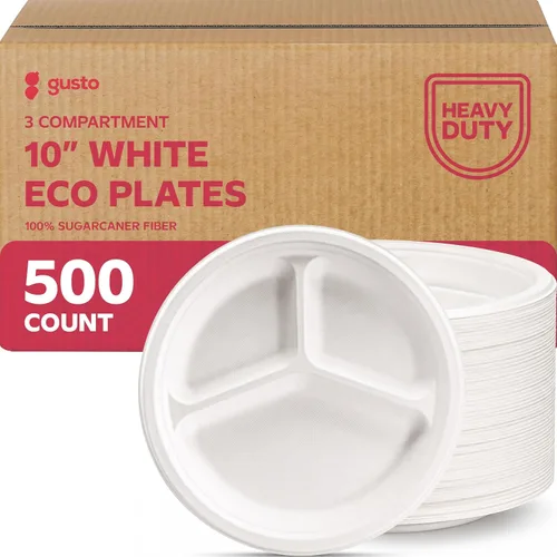 Vista 9 de GUSTO Platos de papel de caña de azúcar 100% compostables, resistentes, ecológicos, biodegradables, blancos, 9 pulgadas, caja de 500