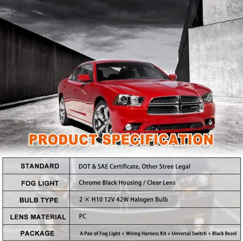 Vista 6 de Nixon Offroad Juego de luces antiniebla para Dodge Charger 2011-2014 con bombilla + cubierta de bisel negra + kit de arnés de cableado + interruptor
