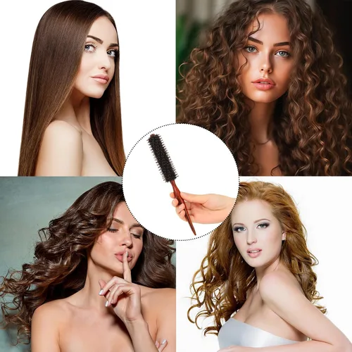 Vista 6 de Mozeat Lens Cepillo para el cabello, cepillo redondo pequeño de cerdas de jabalí con alfileres de nailon y mango de madera, cepillo para dar volumen