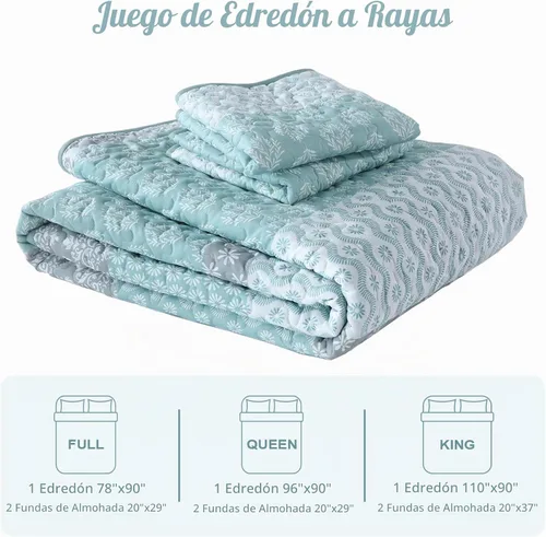Vista 8 de Cottolester Juego de edredón Aqua tamaño Full, colcha a rayas estilo bohemio, juego de ropa de cama de microfibra ligera y suave de 3 piezas, 78"x90