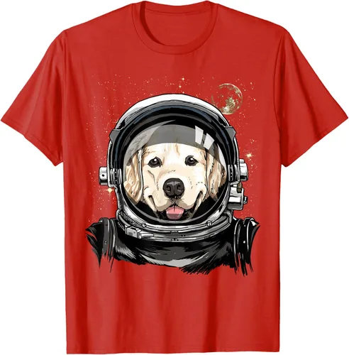 Vista 106 de Camiseta para amantes de los perros de los astronautas del espacio exterior Golden Retriever Lover, Negro