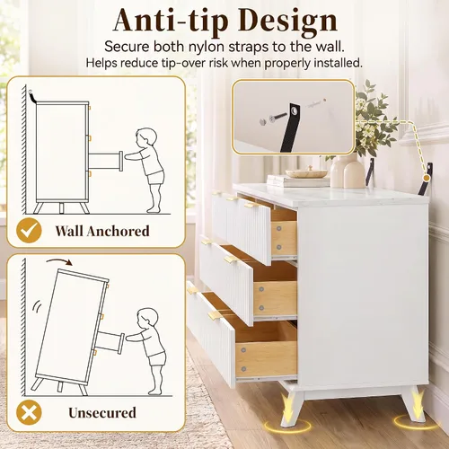 Vista 3 de YESHOMY Cómoda blanca acanalada para dormitorio, pecho de 47.2 pulgadas