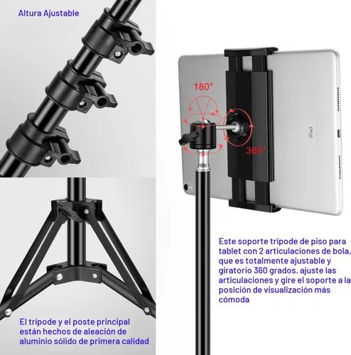 Vista 6 de SAMHOUSING Soporte de trípode para iPad, con soporte para iPad de 65 pulgadas de altura ajustable y soporte de piso para iPad con soporte de trípode
