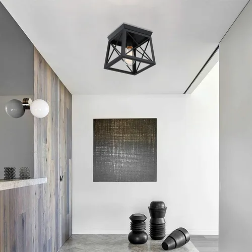 Vista 9 de 1 Light Black Industrial Flush Mount Ceiling Light Fixture - Square Farmhouse Caged Ceiling Light for Closet Kitchen Hallway Porch, E26, Dimmable