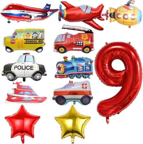Vista 8 de 12 globos de transporte, camión, avión, autobús escolar, camión de bomberos, coche de policía, barco, ambulancia, submarino, globo de papel