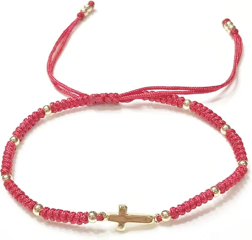 Vista 3 de Pulsera de cruz pequeña para mujer, pulsera de cuerda roja de protección