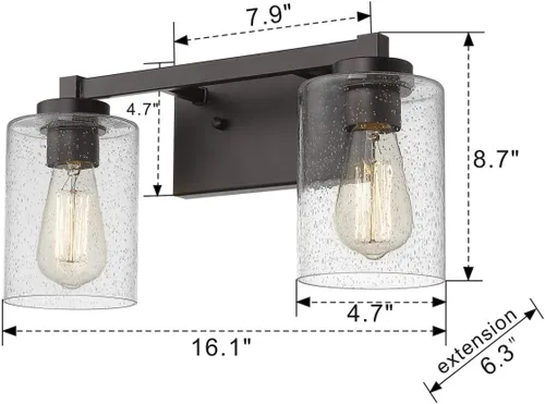 Vista 6 de Beionxii 2 luces de tocador de baño Aplique de pared vintage de bronce aceitado con vidrio transparente sembrado