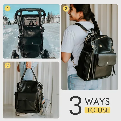 Vista 2 de Miss Fong Mochila de cuero para pañales - Bolsa de pañales para bebé con 13 bolsillos, cambiador, correas para cochecito, 4 bolsillos aislados Negro