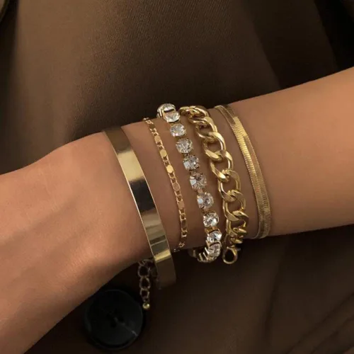 Vista 2 de fxmimior Juego de 5 pulseras apilables de cadena dorada y plata con diamantes de imitación para mujer, con cuentas ajustables, cadena de cable plano