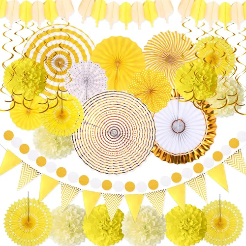Vista 10 de Juego de 35 piezas de decoración para fiesta con abanicos de papel - Pom Poms del Cinco de Mayo, banderines, guirnaldas, pancartas, remolinos