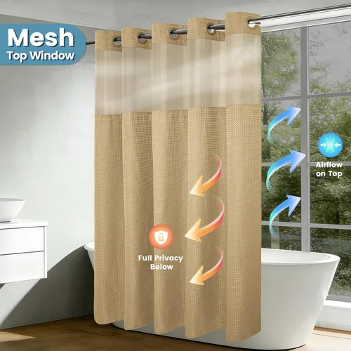 Vista 6 de EUTXL Cortina de ducha beige sin gancho con forro a presión, 230 GSM, cortinas de ducha para baño, 71 pulgadas de ancho x 74 pulgadas de alto