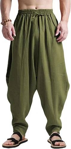 Vista 11 de perdontoo Pantalones harén para hombre, ajuste holgado, cintura elástica, cordón ajustable, pantalones hippie Aladdin beige