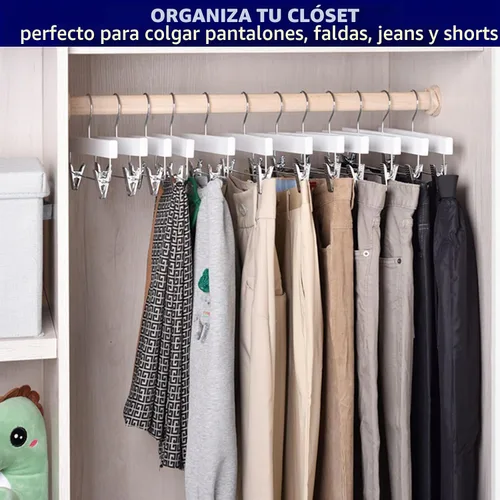 Vista 7 de Amber Home Paquete de 10 perchas de madera blanca para pantalones con 2 clips ajustables para jeans, pantalones cortos Blanco