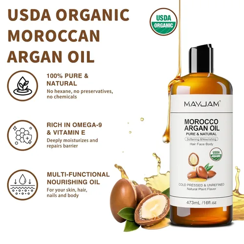 Vista 2 de MAYJAM Aceite de argán marroquí orgánico de 16 onzas líquidas, certificado por la USDA, aceite portador 100% puro y natural para hidratación de piel