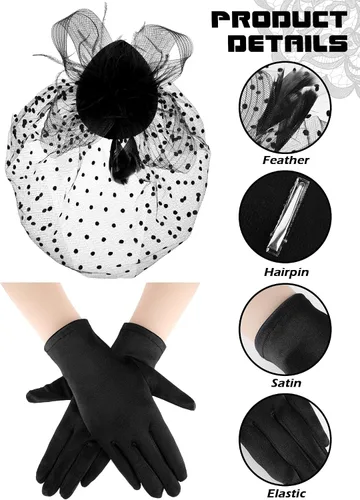 Vista 5 de SATINIOR Tocado de los años 50 para mujer, sombrero de velo fúnebre, sombrero de fiesta de té y guantes, pastillero, sombrero de cóctel