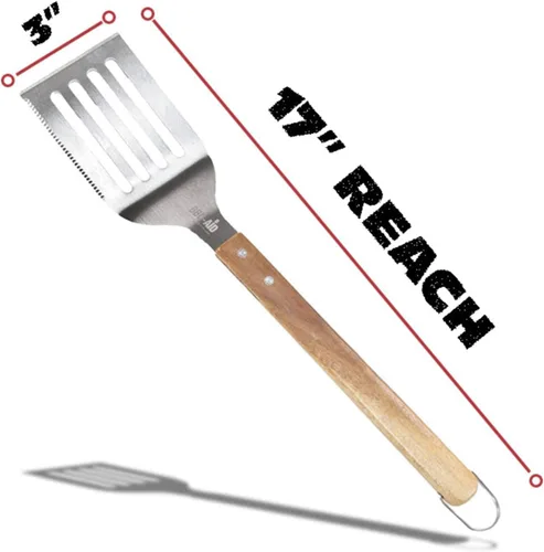 Vista 7 de Juego de 3 accesorios para barbacoa – Pinzas para barbacoa – Juego de espátula y tenedor – Herramientas resistentes de acero inoxidable