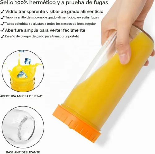 Vista 2 de Botella de vidrio para beber de viaje, paquete de 6, tarros Mason de 16 onzas, botella de bebida de boca regular con tapas herméticas y pajitas