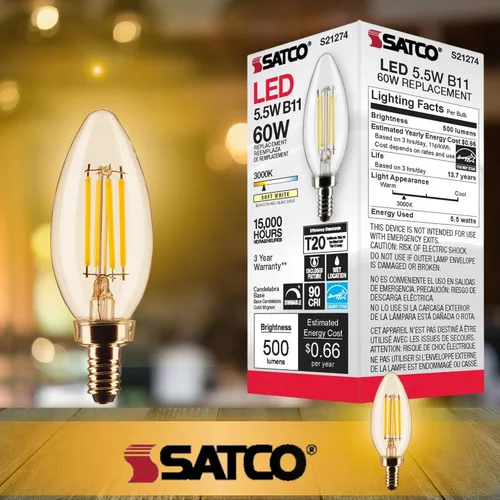 Vista 5 de Satco S21274 LED B11 de 5.5 vatios; transparente; base de candelabro; 90 CRI; 3000 K; 120 voltios (paquete de 2)