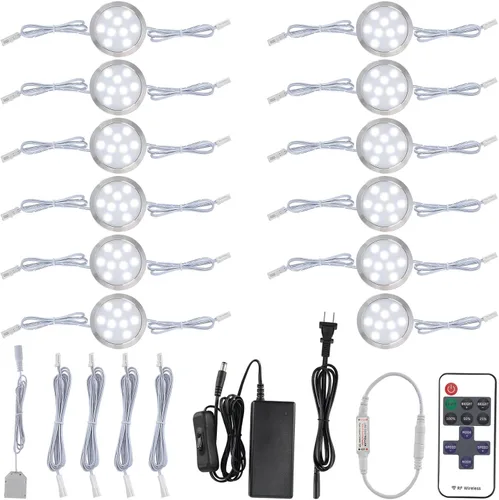 Vista 9 de Curio - Kit de luces LED redondas regulables, cableadas, enlazables e inalámbricas, regulables y redondas, 120 V, con cable sobre gabinete, 12 12