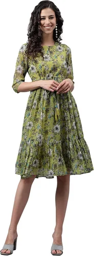 Vista 4 de Janasya Vestido acampanado con estampado floral de lúrex de gasa verde oliva para mujer india