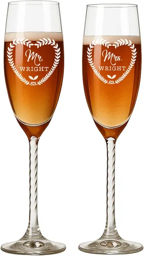 Vista 14 de Mr and Mrs - Juego de copas de champán con caja de madera grabada, elegantes copas de brindis de boda, regalo para novia y novio, compromiso
