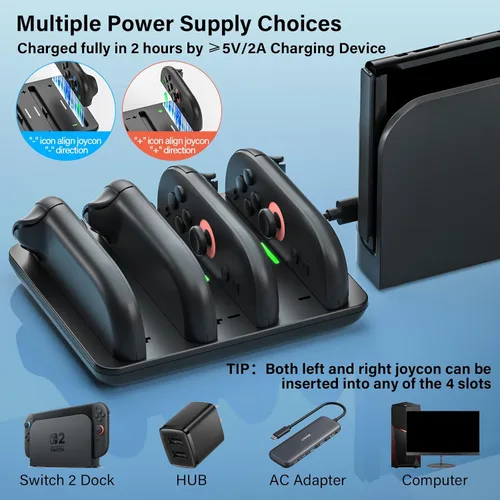 Vista 3 de Switch 2 JoyCon Cargador para Nintendo Switch 2 Joy Con - Base de carga 4 en 1 para Joy-Con 2 controladores, interruptor de carga rápida 2H 2