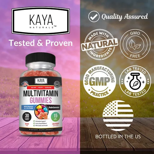 Vista 4 de Kaya Naturals Gomitas multivitamínicas para adultos, biotina, vitamina A, B-12, C y E, incluyendo zinc, ácido fólico, sabor a fresa - Multivitaminas