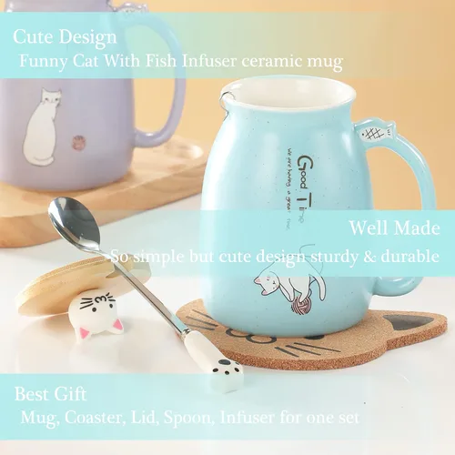 Vista 7 de BigNoseDeer Lindas tazas Kawaii de gato, taza de café de cerámica con infusor y tapa, cuchara, taza de té, regalos lindos y geniales para mujeres