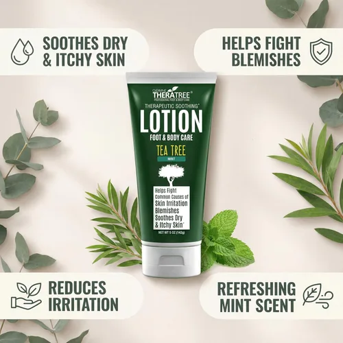 Vista 3 de TheraTree - Loción de aceite de árbol de té con aceite de neem para pies y cuerpo, hidratante calmante con aloe vera, avena coloidal y mentol