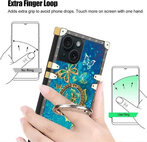 Vista 8 de nancheng Funda para iPhone 15, diseño de flor de mariposa azul, TPU suave, a prueba de golpes, con soporte de anillo y cordón a juego, elegante
