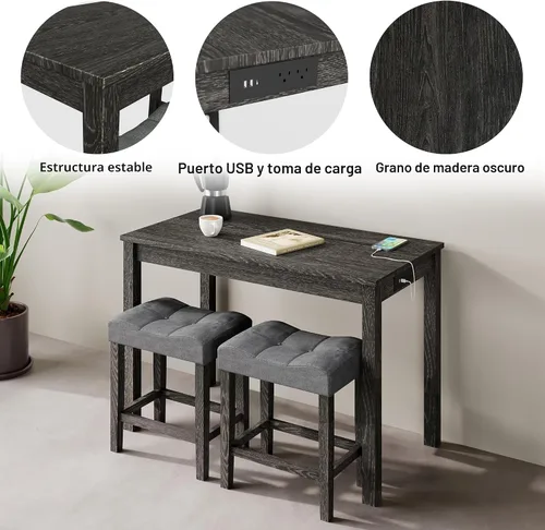 Vista 3 de allamazing Juego de Mesa de Bar de Altura de Mostrador de 3 Piezas con Enchufe y 2 Taburetes de Bar Acolchados de Tela, Juego de Mesa de Comedor 1+2