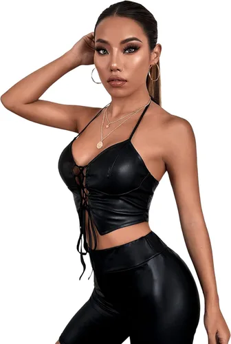 Vista 3 de SheIn Camisola de piel sintética con cuello halter para mujer, con cordones, sin mangas, sin espalda