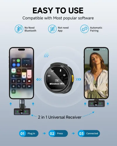Vista 3 de Caiord - Paquete de 2 micrófonos inalámbricos de solapa para iPhone 15, Android, USB C, iPad con adaptador incluido, mini micrófono de solapa