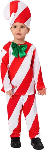 Vista 6 de galeeup Disfraz de bastón de caramelo para niños, caja de regalo para niños, traje de Navidad para cosplay, parte superior, pantalones, sombrero