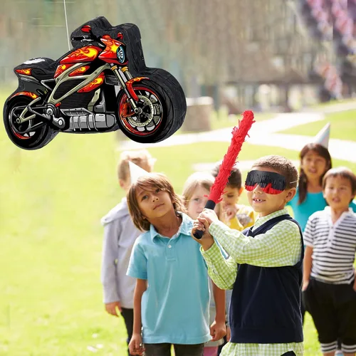 Vista 6 de Shappy Piñata de motocicleta 3D Dirt Bike Piñata con palo para los ojos vendados, decoración de cumpleaños de motocicleta roja, decoración de fiesta