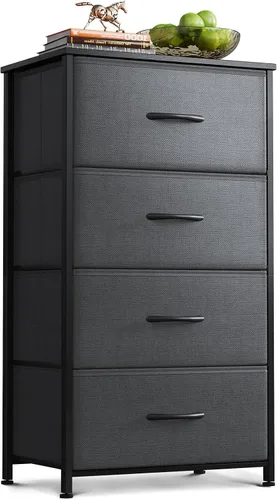 Vista 8 de AODK - Cómoda para dormitorio con 4 cajones de almacenamiento, cómoda pequeña de tela con marco de acero resistente, color negro Cómoda de tela