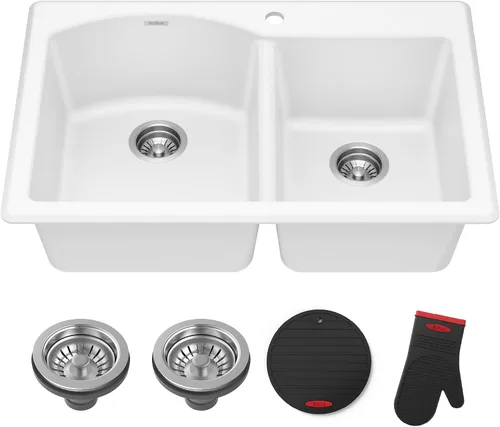 Vista 19 de Kraus Forteza - Fregadero de cocina de doble seno 50/50 de granito de instalación empotrada/sobre encimera, 33 pulgadas, color negro (KGD-52BLACK)