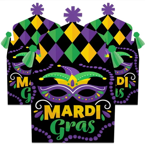 Vista 2 de Big Dot of Happiness Máscara colorida de Mardi Gras, caja de golosinas, recuerdos de fiesta, cajas de golosinas para fiesta de máscaras, juego de 12