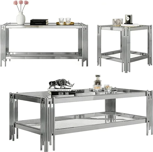 Vista 11 de SSLine Mesa de centro de cristal negro con marco de acero inoxidable dorado, mesa de centro rectangular de lujo de 2 niveles para sala de estar Café