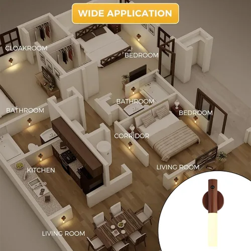 Vista 3 de Luces nocturnas con sensor de movimiento de madera LANDGOO Aplique de pared con pilas inalámbrico recargable LED para pasillo de cuerpo magnético