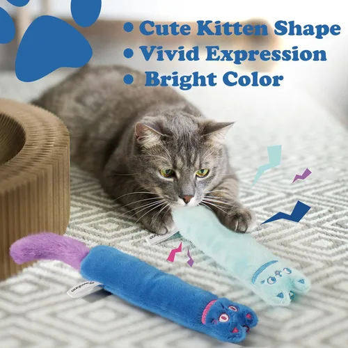 Vista 4 de Pawaboo Juguetes para gatos, paquete de 2 juguetes de hierba gatera con campana y papel arrugado, juguetes para gatitos suaves y duraderos, juguetes