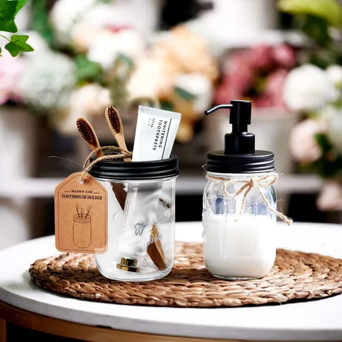 Vista 4 de Amolliar Mason Jar Soporte para Cepillos de Dientes - Acero Inoxidable a Prueba de Óxido - Sostiene 2 Cepillos de Dientes y Pasta Dental, con Negro