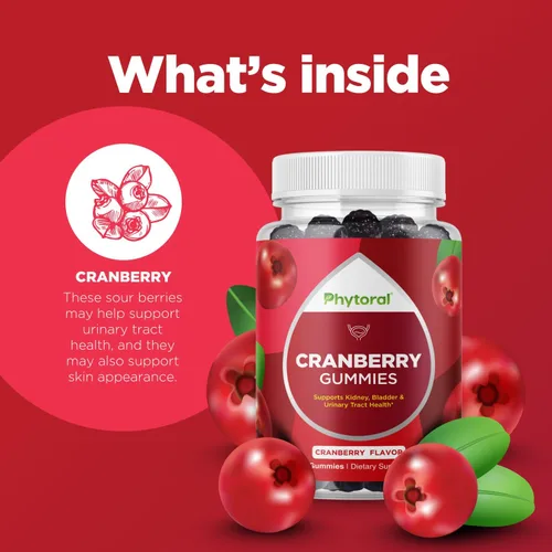 Vista 3 de Phytoral Gomitas de arándano extra fuertes para mujeres, delicioso y potente suplemento de arándano para mujeres y hombres, apoyo a la salud