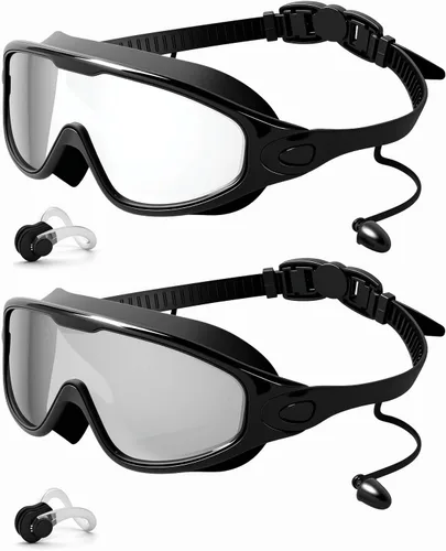 Vista 15 de Swim Goggles 2 Pack, Wide View Anti Fog&UV Swimming Goggles for Audlt, No Leak Pool Beach Essentials for Men Women Azul claro y rosa espejado
