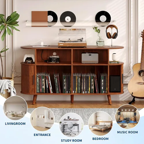 Vista 5 de GarveeHome Soporte redondo grande para tocadiscos de 55 pulgadas con estación de carga y puertos USB, soporte para tocadiscos de vinilo rústico