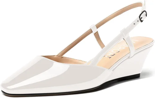 Vista 22 de MERRORI Zapatos de tacón bajo de cuña con hebilla y punta cuadrada para mujer, de patente sólida, de 2 pulgadas Beige