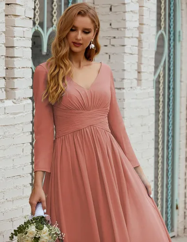 Vista 4 de nightbubo Vestido de dama de honor para mujer manga larga cuello en V vestido formal de gasa para boda