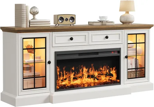 Vista 10 de Soporte de TV con chimenea de hasta 80" TVs, centro de entretenimiento moderno de 70" con chimenea eléctrica de 36" y luces LED, consola multimedia