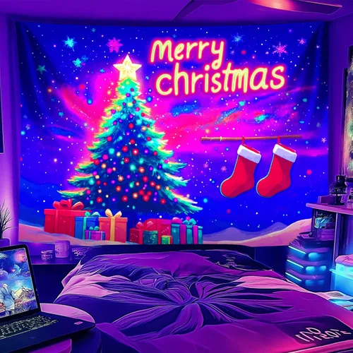 Vista 6 de NYZE - Tapiz de Navidad con Papá Noel, tapiz de luz negra que brilla en la oscuridad, colgante de pared, banner festivo, decoración para fiesta